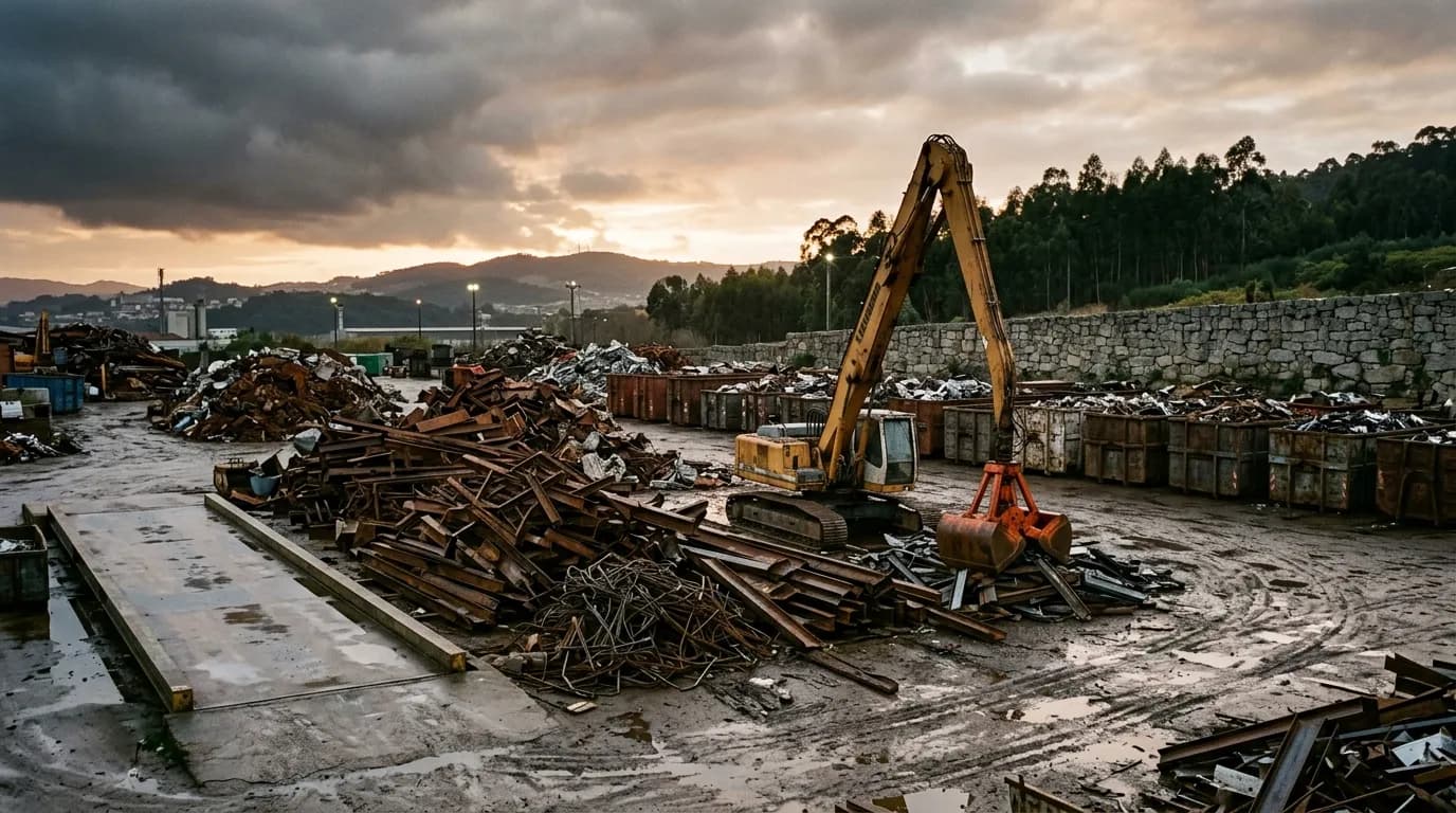 Parque de sucata com montes de ferro separados e uma grua ao fim da tarde
