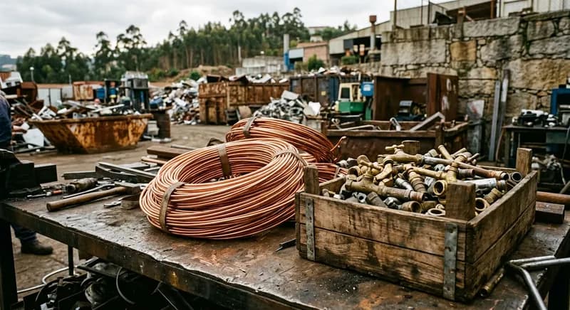 Rolos de fio de cobre descarnado e acessórios de latão
