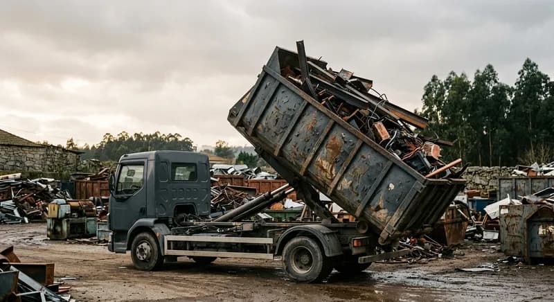 Camião multibenne a carregar um contentor de sucata